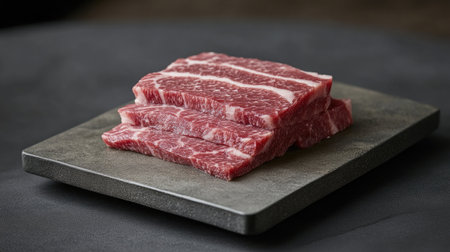 Fresh raw beef cuts displayed on a slate plate, showcasing rich red color and marbled texture, ideal for cooking options and gourmet meals.の素材