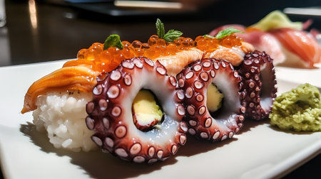 A stunning sushi platter featuring expertly prepared octopus and salmon, garnished with vibrant roe and wasabi, perfect for any food lover.の素材