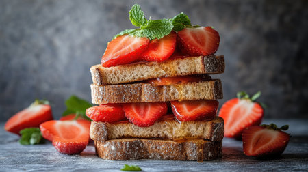 A delightful arrangement of toasted bread layered with fresh strawberries and mint, perfect for a light breakfast or a sweet snack.の素材