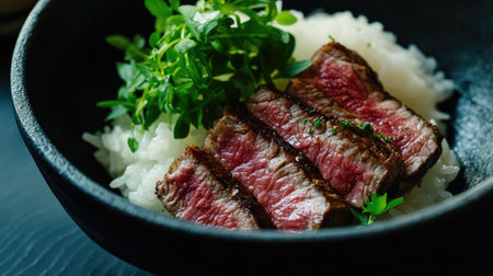 This image features a beautifully grilled steak resting on a bed of rice, topped with fresh herbs, showcasing an elegant and appetizing meal perfect for gourmet dining.の素材