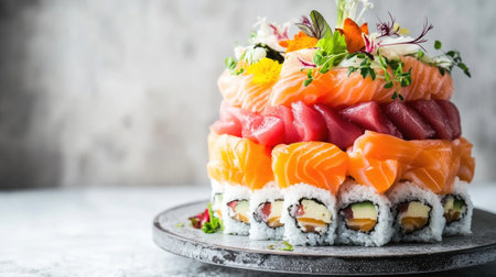 A stunning sushi cake showcases vibrant layers of fresh salmon and tuna, beautifully garnished with herbs and flowers. Perfect for celebrations.の素材