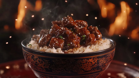 Savory chicken served on a bed of steaming rice, topped with sesame and herbs, ideal for culinary enthusiasts and food photography. Perfect for Asian cuisine themes.の素材