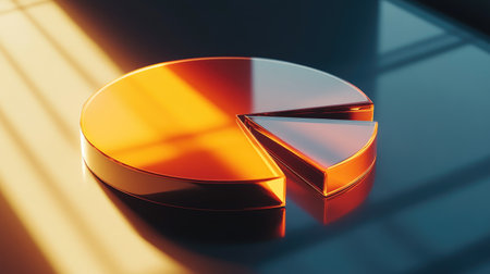 A glossy orange pie chart placed on a reflective surface, showcasing modern design elements ideal for finance, business analytics, and data visualization presentations.の素材