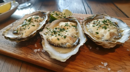 Enjoy a tray of delicious baked oysters topped with savory sauces and fresh herbs, perfect for seafood lovers at any dining occasion.の素材