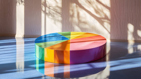 A vibrant circular shape casting shadows in a bright interior space. The colorful segments create a playful contrast against the light backdrop. Ideal for art and design themes.の素材