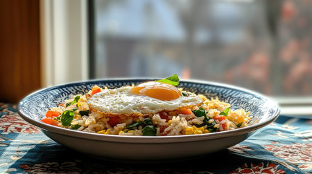 A vibrant rice bowl topped with a perfectly fried egg and a mix of fresh vegetables. Ideal for meals any time of day, showcasing colorful ingredients.の素材