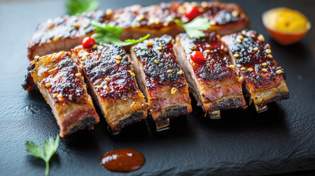Indulge in these perfectly grilled barbecue ribs, featuring a smoky glaze and vibrant garnishes. An appetizing dish ideal for feasts or gatherings.の素材