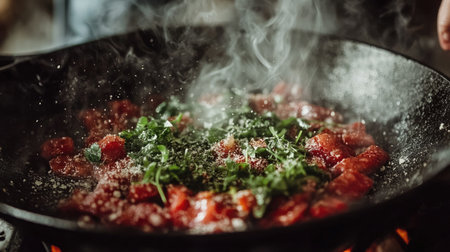 A vibrant scene of fresh tomatoes and herbs cooking in a cast iron pan, creating steam and flavor. Perfect for food-related projects and recipes.の素材