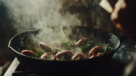 Juicy sausages sizzling in a cast iron pan, surrounded by fresh herbs and steam. A perfect capture of culinary artistry and home cooking.の素材