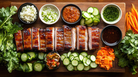 A visually appealing grilled meat platter featuring succulent slices, fresh vegetables, and various dipping sauces, perfect for gatherings or special occasions.の素材