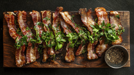 A mouthwatering display of crispy bacon strips garnished with fresh herbs, elegantly arranged on a wooden board, perfect for culinary delights.の素材