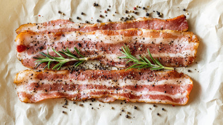 Sliced bacon strips garnished with rosemary and pepper on parchment paper. Perfect for culinary projects, breakfast ideas, or gourmet cooking.の素材