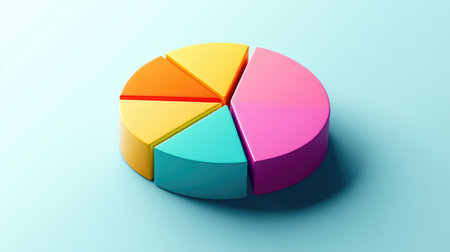 A vibrant 3D pie chart displayed against a soft blue background. Ideal for illustrating data analysis, business trends, or marketing strategies in a professional context.の素材