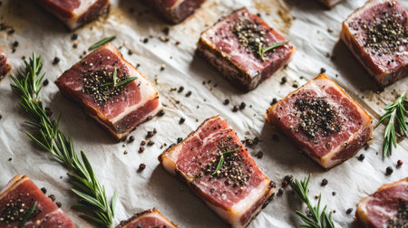 Flat lay of gourmet meat slices seasoned with black pepper and garnished with fresh rosemary. Perfect for culinary inspiration and food photography.の素材