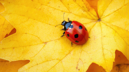 A vibrant ladybug rests on a bright yellow leaf, capturing the beauty of nature in an autumn setting. This close-up showcases the intricate details and colors of wildlife.の素材