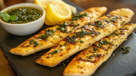 A delicious serving of grilled flatbread topped with fresh herbs, accompanied by lemon slices and a dipping sauce, perfect for any summer meal or gathering.の素材
