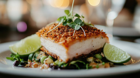 A beautifully plated crispy fish dish garnished with fresh lime and microgreens, perfect for a gourmet meal in a fine dining setting.の素材