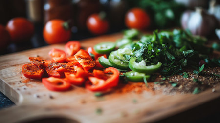 Colorful fresh vegetables, including red and green peppers, sliced on a wooden cutting board. Perfect for culinary preparations and healthy recipes.の素材
