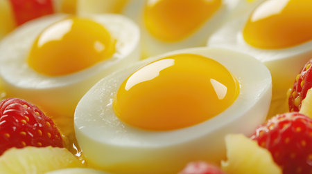 This close-up image features a vibrant breakfast platter with freshly cooked eggs topped with rich yellow yolks, surrounded by juicy strawberries.の素材