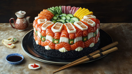 A vibrant sushi platter featuring a stunning arrangement of colorful sushi pieces, perfect for a gourmet meal or special occasion. Enjoy the artistry!の素材