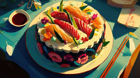 A stunning sushi cake beautifully crafted with vibrant toppings and floral decorations. Perfect for festive occasions or gourmet dining experiences.の素材