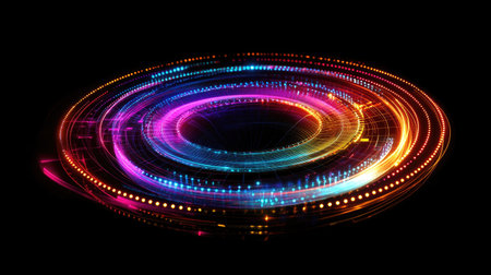 This captivating abstract image features colorful neon circles radiating energy and motion against a black background, creating a modern digital aesthetic.の素材