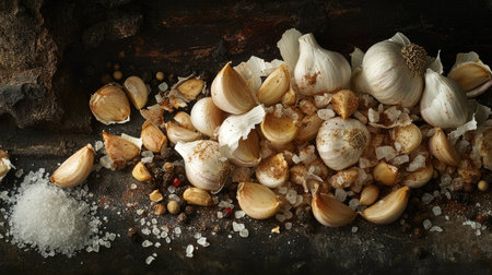 A beautiful arrangement of fresh garlic cloves and sea salt on a rustic wooden surface, perfect for food styling and culinary creativity.の素材