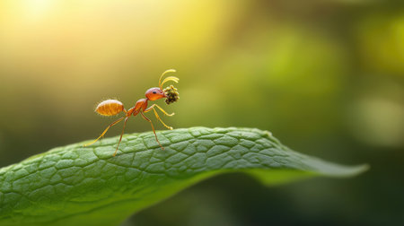 A vibrant ant carrying food on a green leaf, set against a softly blurred background. This macro shot captures the beauty of nature and the intricate details of the insect.の素材