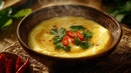A steaming omelette garnished with fresh herbs and vibrant chili peppers. Perfect for breakfast or as a hearty snack, this dish showcases culinary creativity.の素材