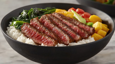 A vibrant bowl featuring marbled beef slices atop fluffy rice, complemented by fresh vegetables. Ideal for food lovers and culinary enthusiasts.の素材