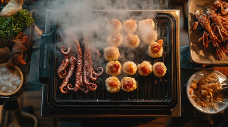 A vibrant display of grilled seafood and dumplings, showcasing the steamy aroma and mouthwatering flavors, perfect for gatherings and culinary enjoyment.の素材