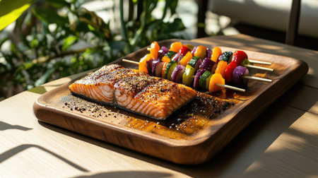 A beautifully arranged plate featuring fresh salmon and colorful vegetable skewers, perfect for a healthy meal or outdoor gathering. Ideal for culinary presentations.の素材