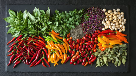 A vibrant display of fresh herbs and spices, featuring various colorful peppers and greens. Perfect for culinary inspiration, healthy recipes, or food photography.の素材