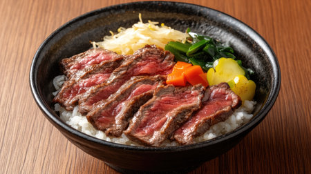 A mouthwatering beef bowl featuring tender slices of meat atop fluffy rice, accompanied by colorful vegetables for a balanced and visually appealing meal.の素材