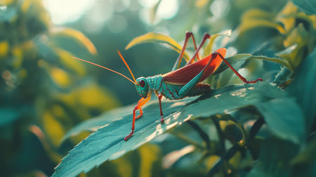 A vibrant grasshopper resting on a green leaf, surrounded by soft sunlight. This stunning macro shot captures the intricate details of nature and insect life.の素材
