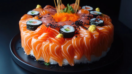 A vibrant sushi cake featuring layers of fresh salmon, sushi rolls, and decorative elements. Perfect for a special occasion or culinary delight.の素材