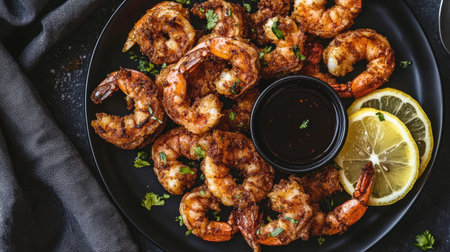 A plate of crispy shrimp garnished with herbs and served with lemon slices and a flavorful dipping sauce, perfect for seafood lovers.の素材
