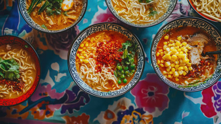 Explore a vibrant display of noodle bowls brimming with fresh ingredients and spices. This colorful arrangement offers a culinary experience filled with warmth and comfort.の素材