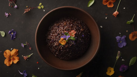 A stunning top view of a bowl filled with black rice, beautifully garnished with colorful edible flowers, showcasing vibrant colors and natural beauty.の素材