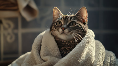A charming cat wrapped snugly in a soft towel, exuding warmth and tranquility. This cozy scene captures the essence of relaxation and comfort in a domestic setting.の素材
