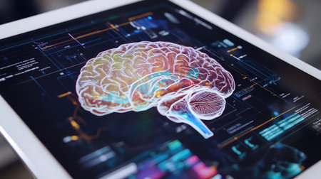 A vibrant digital visualization of a brain illustrates the intersection of neuroscience and technology, showcasing data analysis and innovative healthcare solutions.の素材