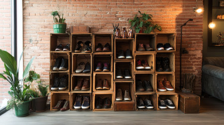 A stylish shoe display featuring wooden boxes in a modern interior, accentuated by brick walls and cozy plants, showcasing footwear organization and design.の素材