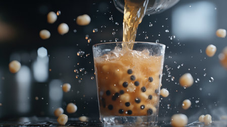 A vibrant drink showcasing tapioca pearls, perfectly captured as it splashes into a glass. Ideal for beverage ads, food photography, or social media.の素材