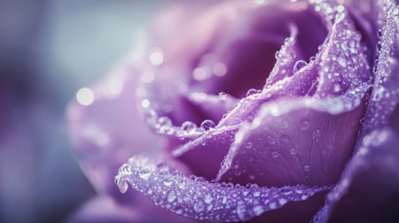 Close-up view of a delicate purple rose adorned with fresh dew drops, capturing the beauty of nature and the exquisite details of a blooming flower.の素材