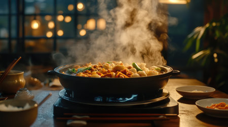 A steaming hot pot filled with fresh ingredients is served in a cozy restaurant. The inviting atmosphere creates a perfect setting for a warm meal.の素材