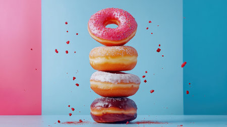 A vibrant stack of donuts featuring colorful glazes and sprinkles. Perfect for showcasing indulgent treats, desserts, and celebration themes.の素材