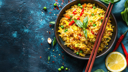 A vibrant bowl of rice mixed with colorful vegetables and fresh herbs, ideal for showcasing healthy meal ideas in a kitchen or dining context.の素材