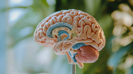This detailed anatomical model of the human brain showcases its complex structure, perfect for educational settings or medical displays, enhancing learning and understanding.の素材