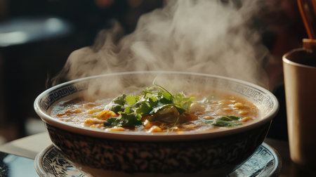 A steaming bowl of flavorful soup garnished with fresh herbs, perfect for a warm meal. Ideal for showcasing culinary delights and home cooking.の素材