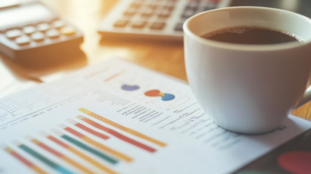 A warm cup of coffee rests next to business reports featuring colorful charts and graphs, symbolizing productivity and a productive work environment.の素材